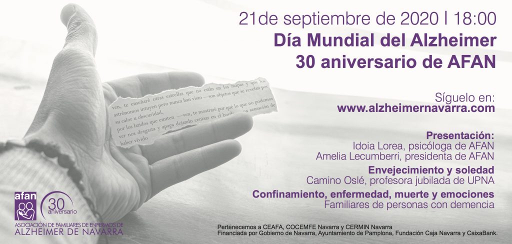 Imagen de la invitación del Dia Mundial del Alzheimer y 30 aniversario de AFAN el 21 de septiembre a las 18:00